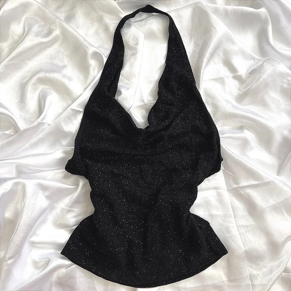 Vintage Wet Seal Black Glitter Halter Top Cowl Neck Backless Y2K Small